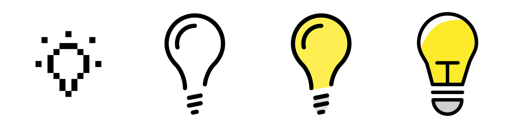 Drawing pixel icons sharpens perception of the most essential parts of objects. Next up: black and white vector icons with less restrictions on dimensions and vector icons with color. To the right the official light bulb emoji adhering to our style guide. (Not created by me.)